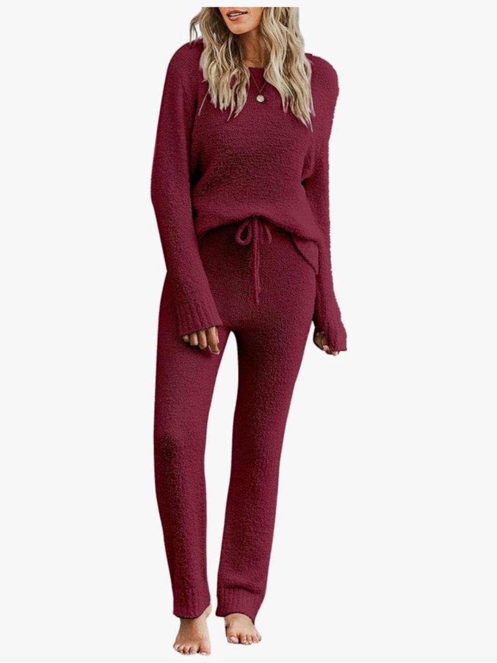 Cozy Women's Maroon Knit Lounge Set - Soft Two-Piece Long Sleeve PJ
